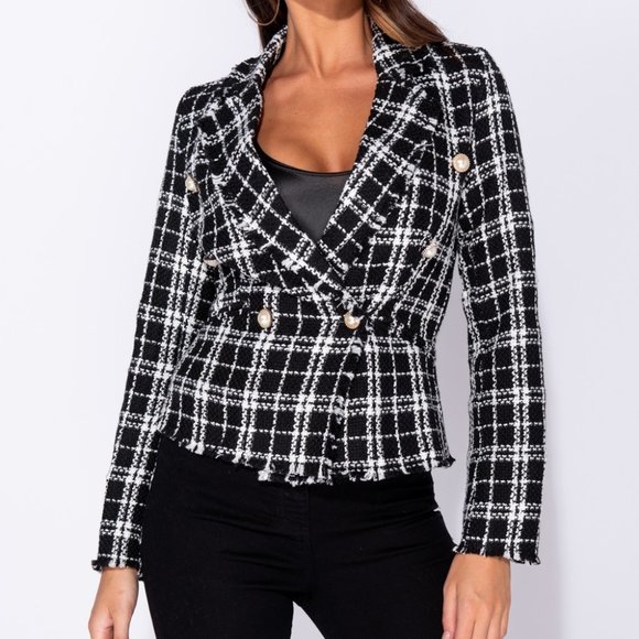 Believe It Black&White Tweed Pearl Button Blazer - Picture 4 of 9